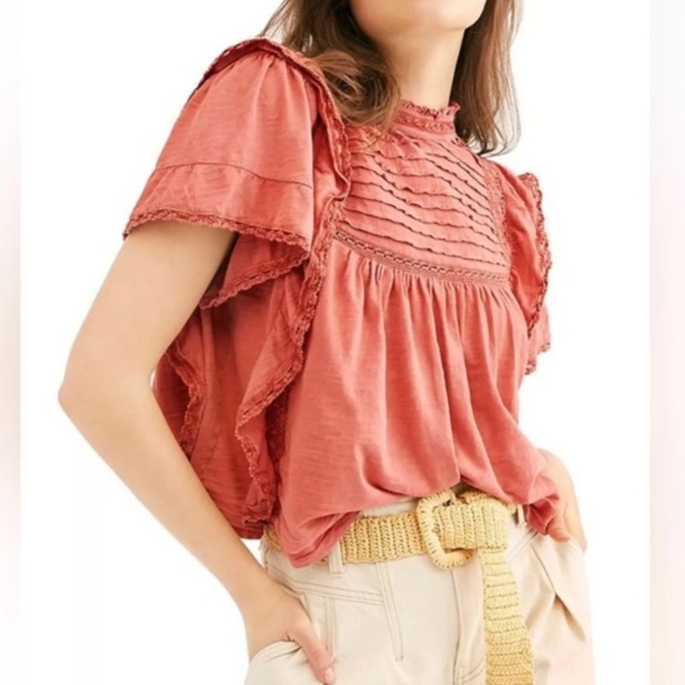 Free people Le Femme Boho Ruffled Peasant Blouse Top Oversized XS Milkmaid Mock